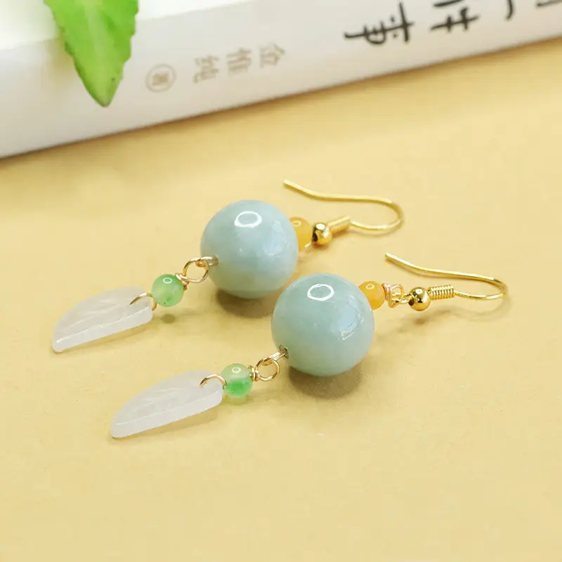 Aiyu Jade Leaf Earrings Green Leaf Drop Design - Image 5