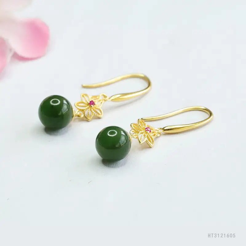Guan Yu Jade Earrings Green Bead Gold Plated - Image 3