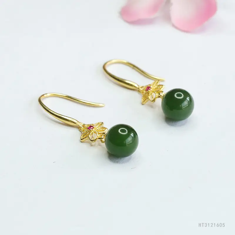 Guan Yu Jade Earrings Green Bead Gold Plated - Image 4