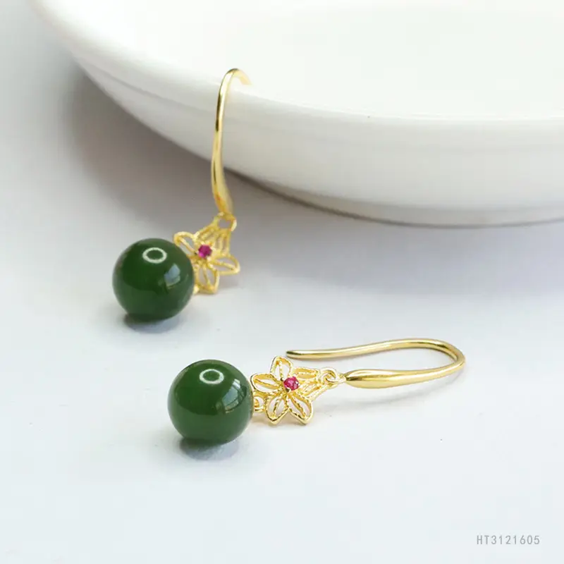 Guan Yu Jade Earrings Green Bead Gold Plated - Image 5