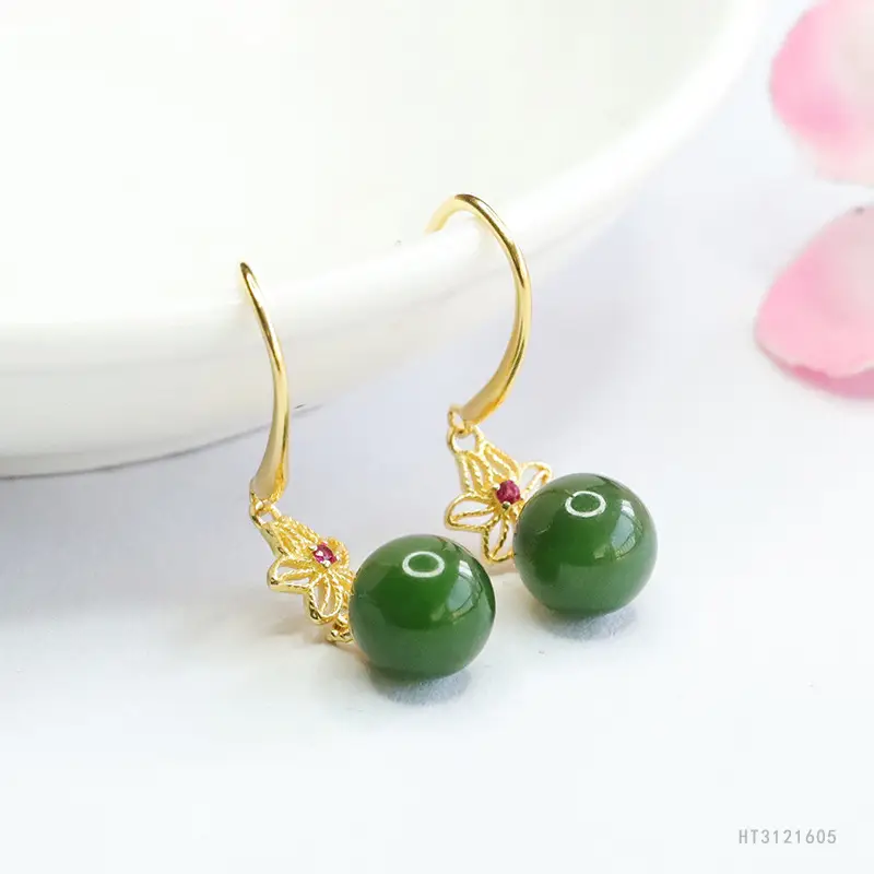 Guan Yu Jade Earrings Green Bead Gold Plated — feature 9