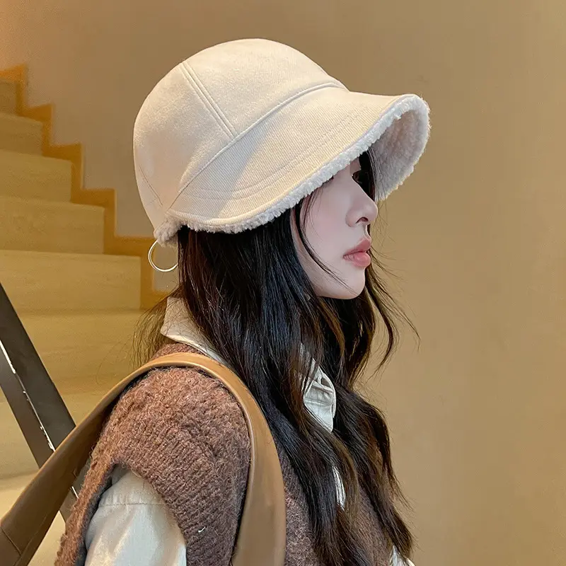 Women Fisherman Hat White Wool Thickened Warm Cap