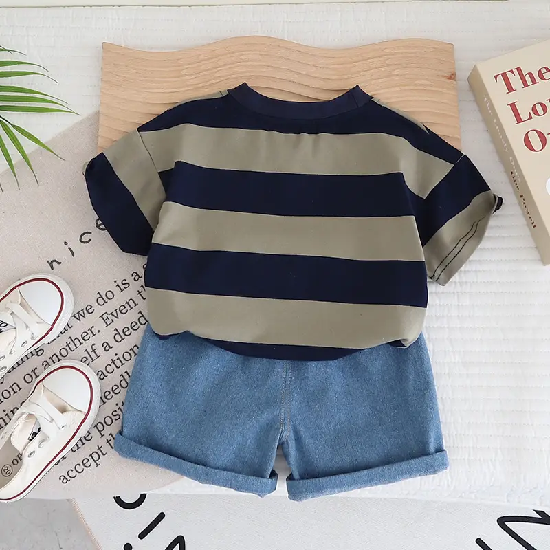 Boys Striped Cotton Shorts Set Blue Denim