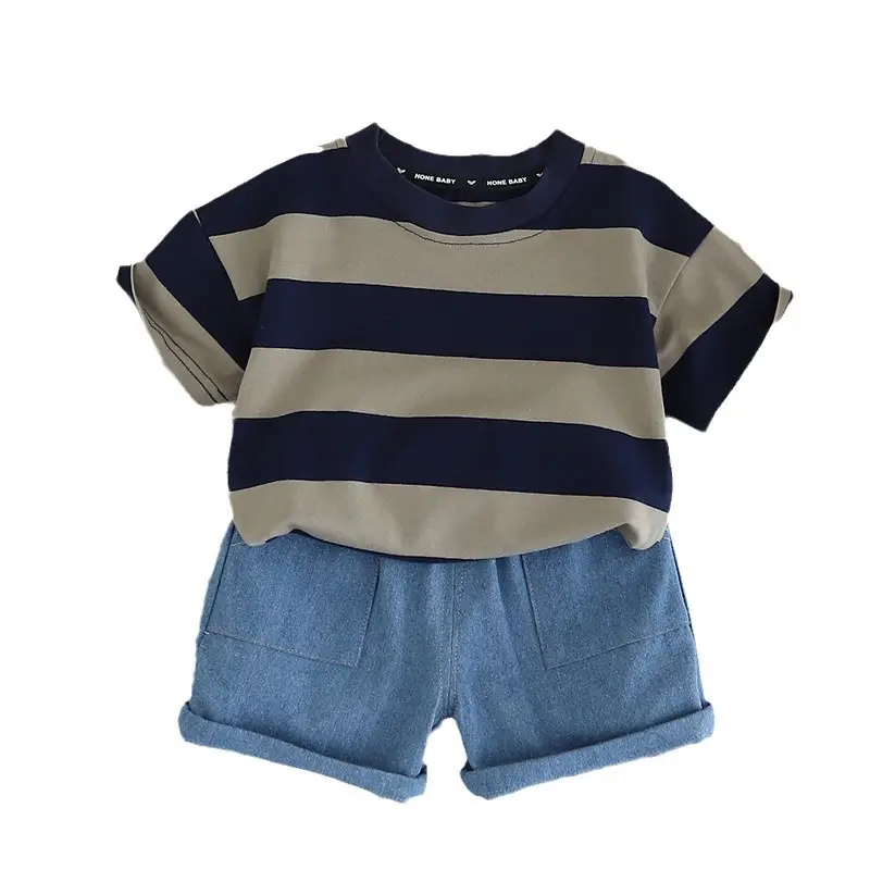 Boys Striped Cotton Shorts Set Blue Denim