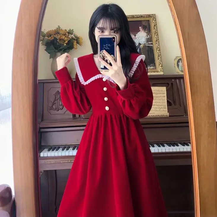Plus Size Red Velvet French Dress for Women 2023 - Image 8
