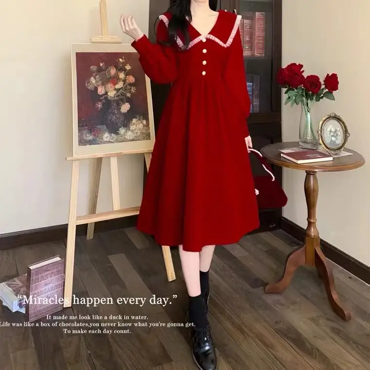 Plus Size Red Velvet French Dress for Women 2023 - Image 5