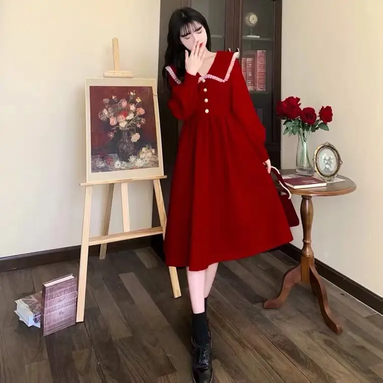 Plus Size Red Velvet French Dress for Women 2023 - Image 6