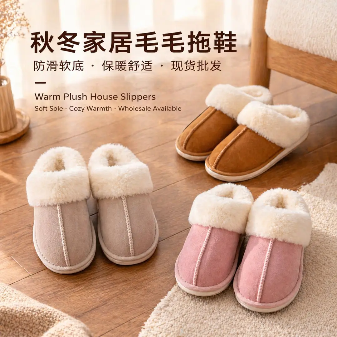 Home Slippers for Cross-Border Trade, Furry Home Slippers for Autumn and Winter, Indoor Non-Slip Warm Cotton Slippers, Support Customization