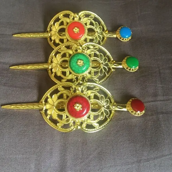 Nepal Handmade Gold Plated Hairpin with Red Turquoise Stones - Image 5