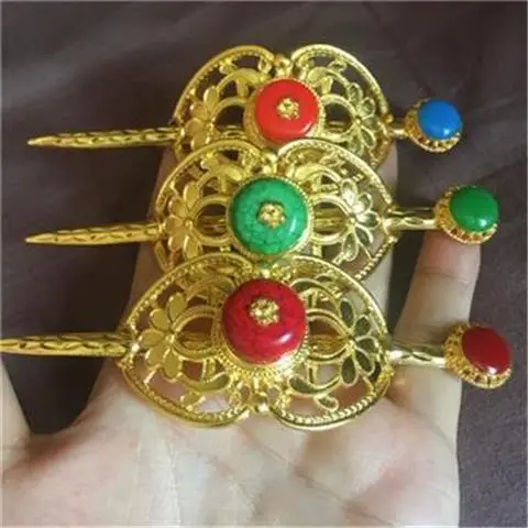 Nepal Handmade Gold Plated Hairpin with Red Turquoise Stones - Image 6