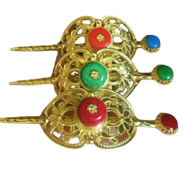 Nepal Handmade Gold Plated Hairpin with Red Turquoise Stones - Image 7