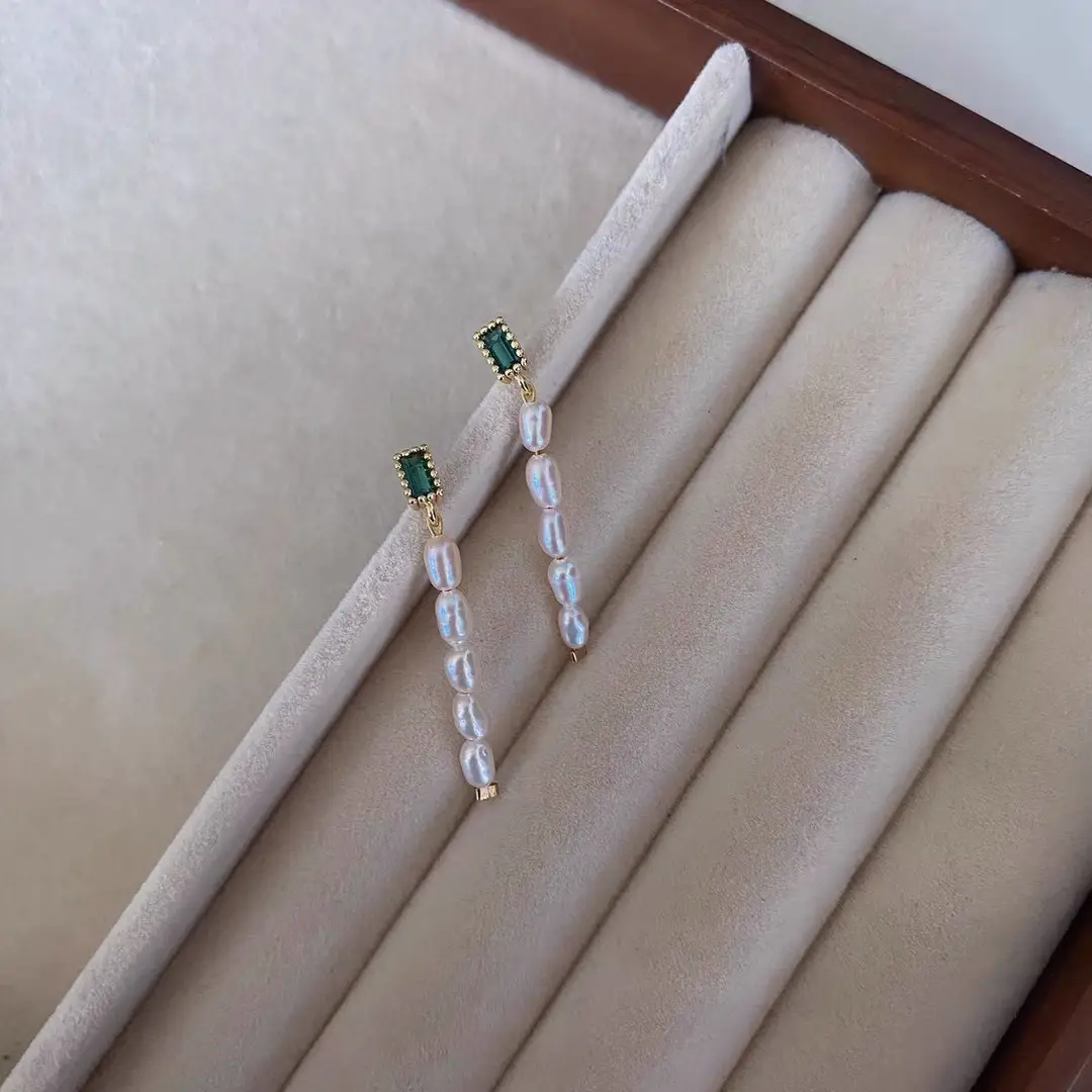 New Chinese Style Pearl Earrings Green Zircon Long Dangle