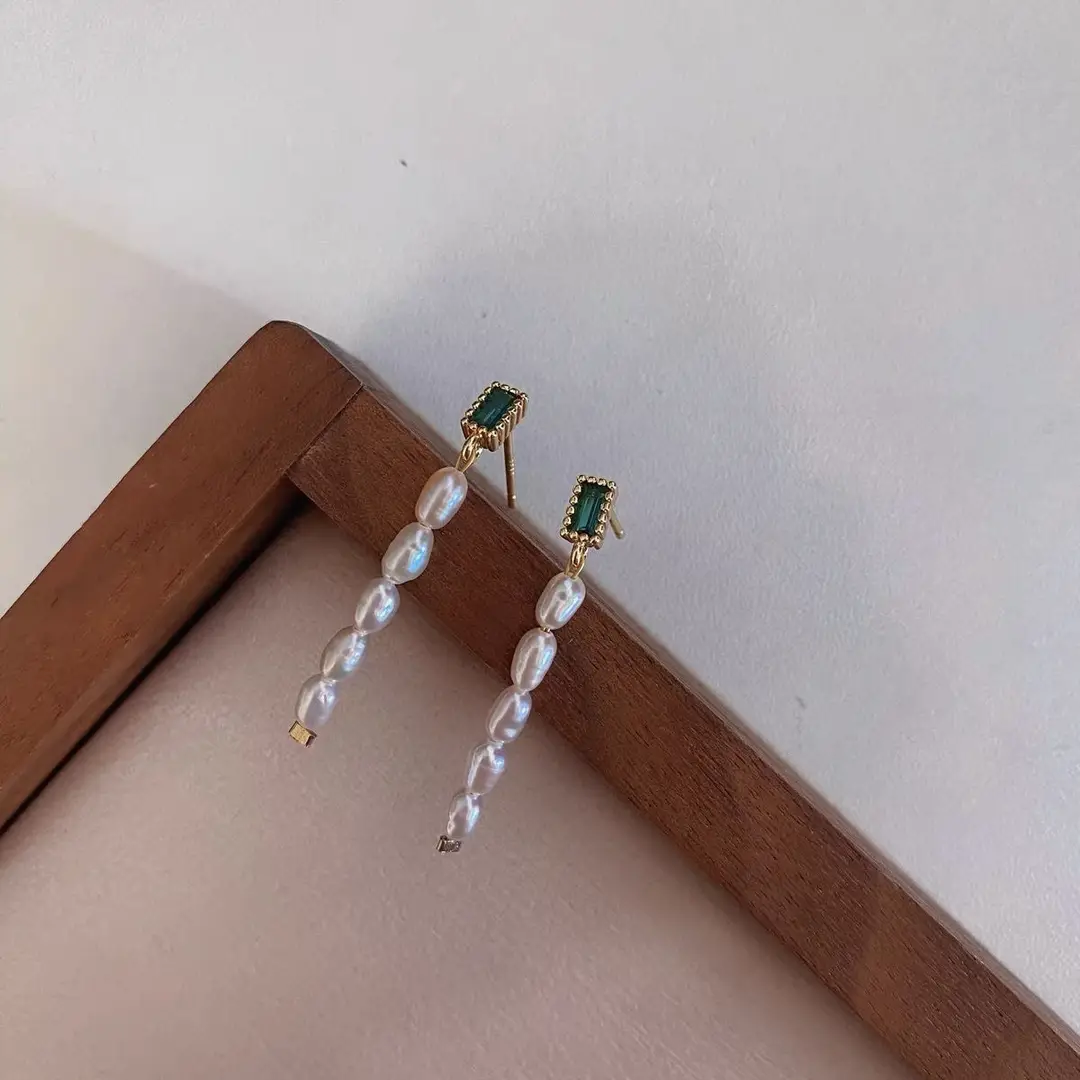 New Chinese Style Pearl Earrings Green Zircon Long Dangle