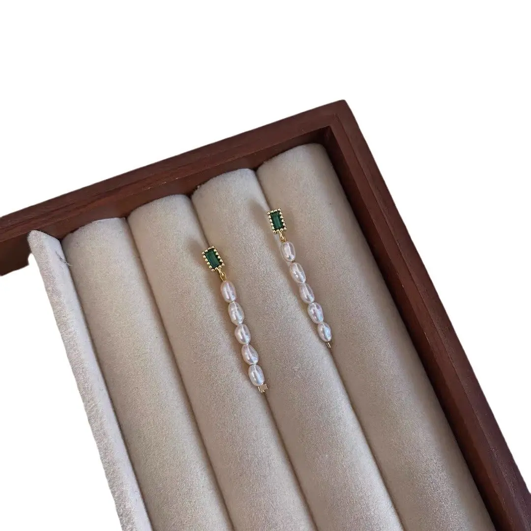 New Chinese Style Pearl Earrings Green Zircon Long Dangle