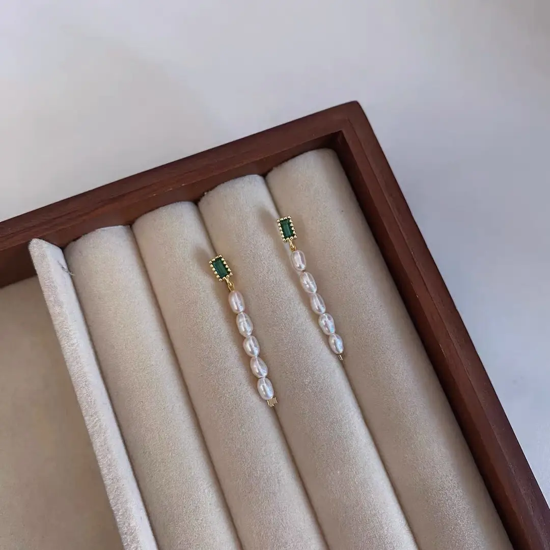 New Chinese Style Pearl Earrings Green Zircon Long Dangle — feature 5