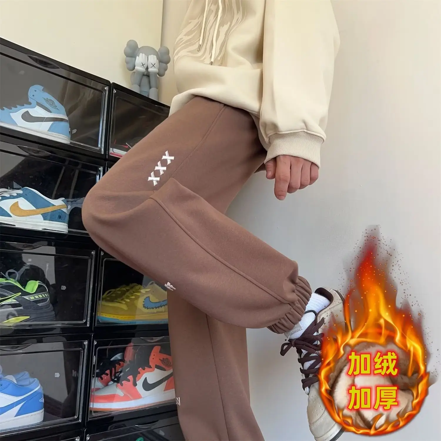 Men Fleece Sweatpants Fleece Lined Ankle Tied Brown