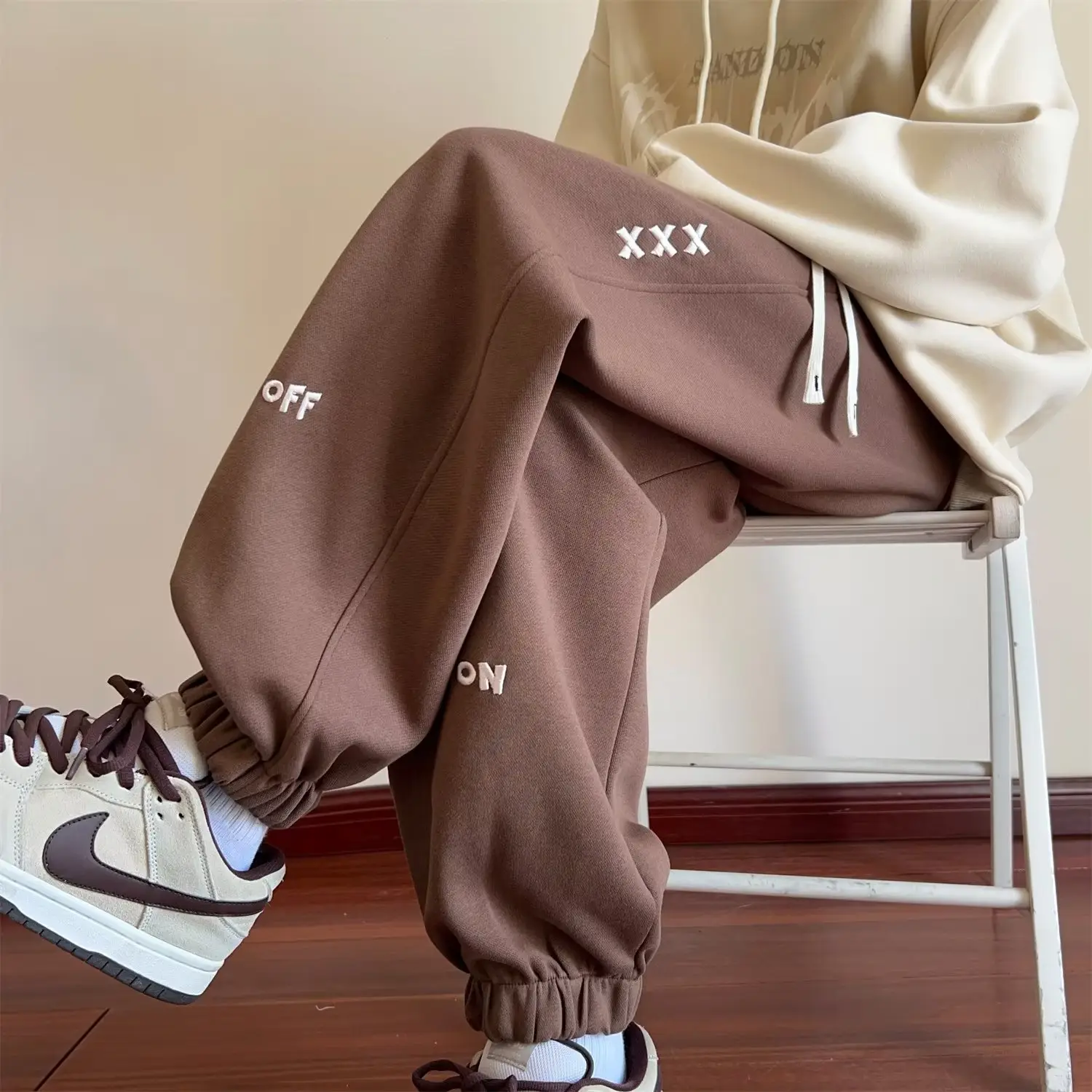 Men Fleece Sweatpants Fleece Lined Ankle Tied Brown
