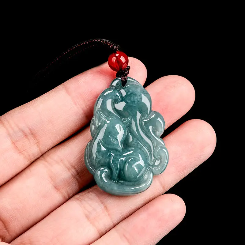 Natural Jade Blue Fox Pendant with Red Chain - Image 3