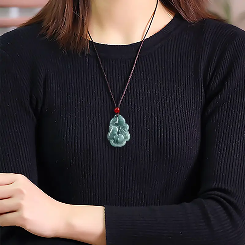 Natural Jade Blue Fox Pendant with Red Chain - Image 4