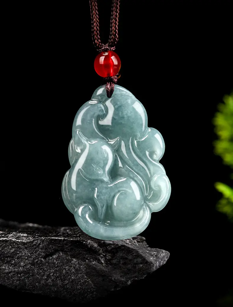 Natural Jade Blue Fox Pendant with Red Chain — feature 2