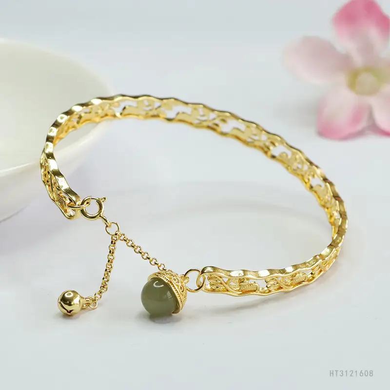 Guan Yu Jade Clear Water Round Bead Bracelet Gold - Image 2