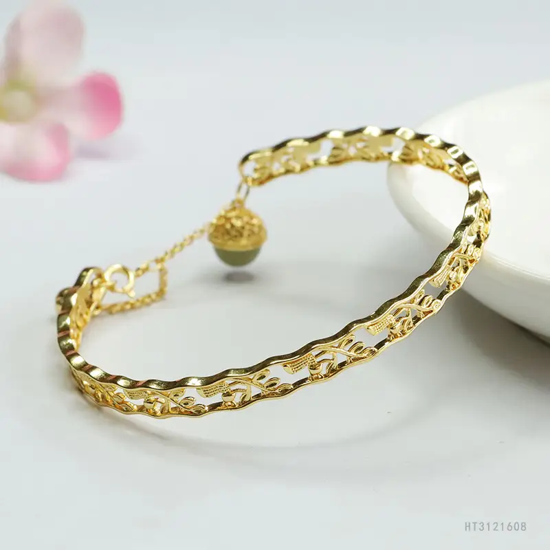 Guan Yu Jade Clear Water Round Bead Bracelet Gold - Image 3