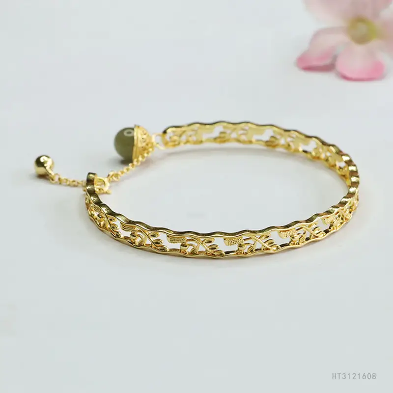 Guan Yu Jade Clear Water Round Bead Bracelet Gold - Image 4