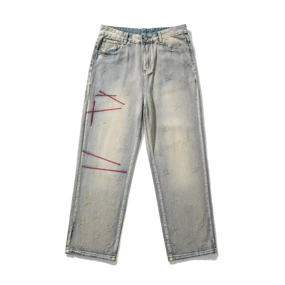 Men's Embroidered Distressed Jeans Winter American Retro