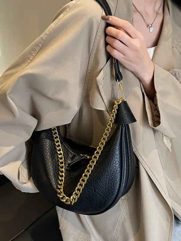 Women's tan chain bag with gold strap and crescent design - Image 6