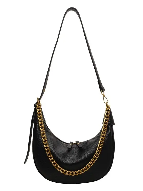 Women's tan chain bag with gold strap and crescent design - Image 8