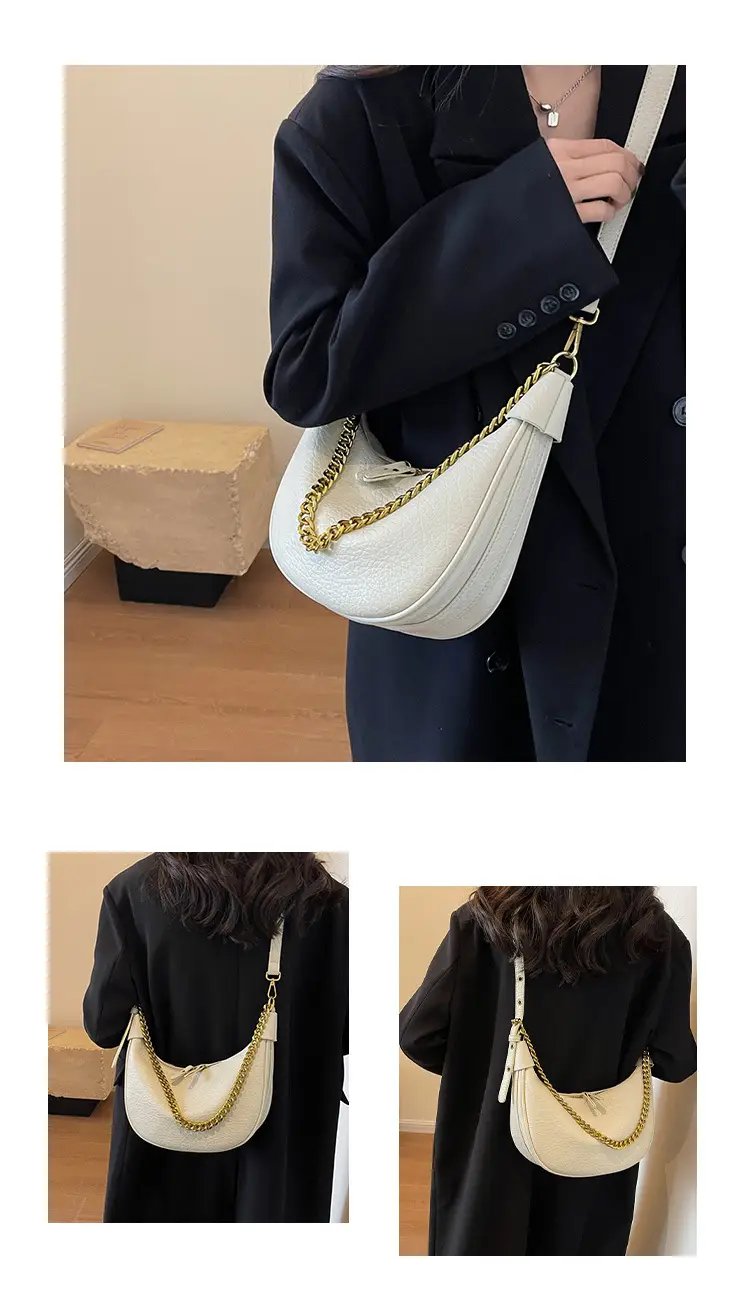 Women's tan chain bag with gold strap and crescent design — feature 16
