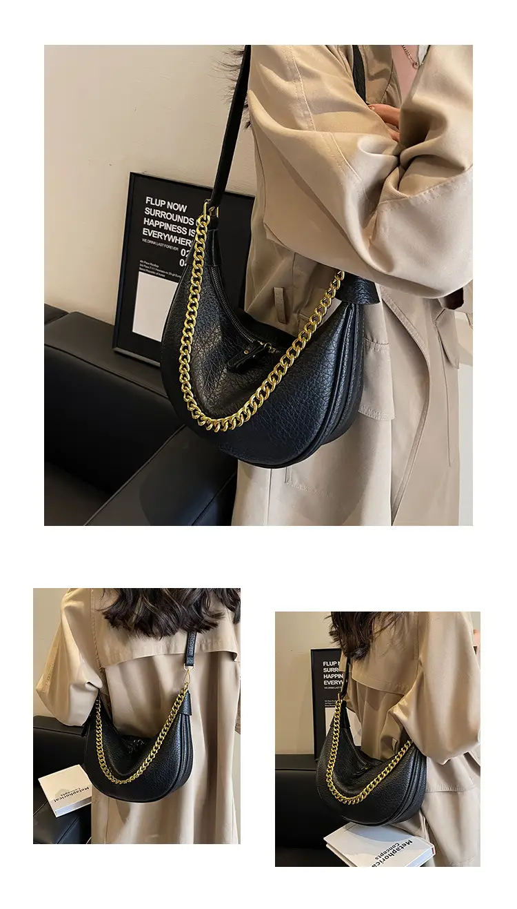 Women's tan chain bag with gold strap and crescent design — feature 17