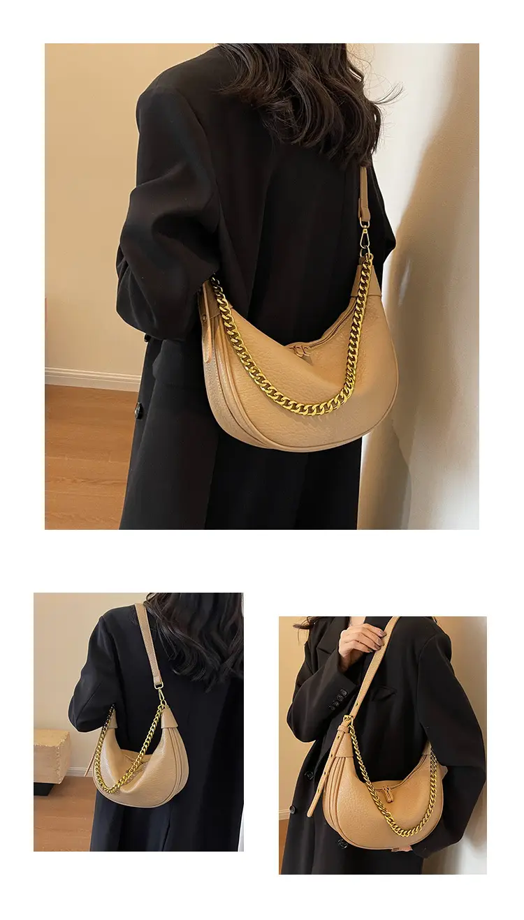 Women's tan chain bag with gold strap and crescent design — feature 18