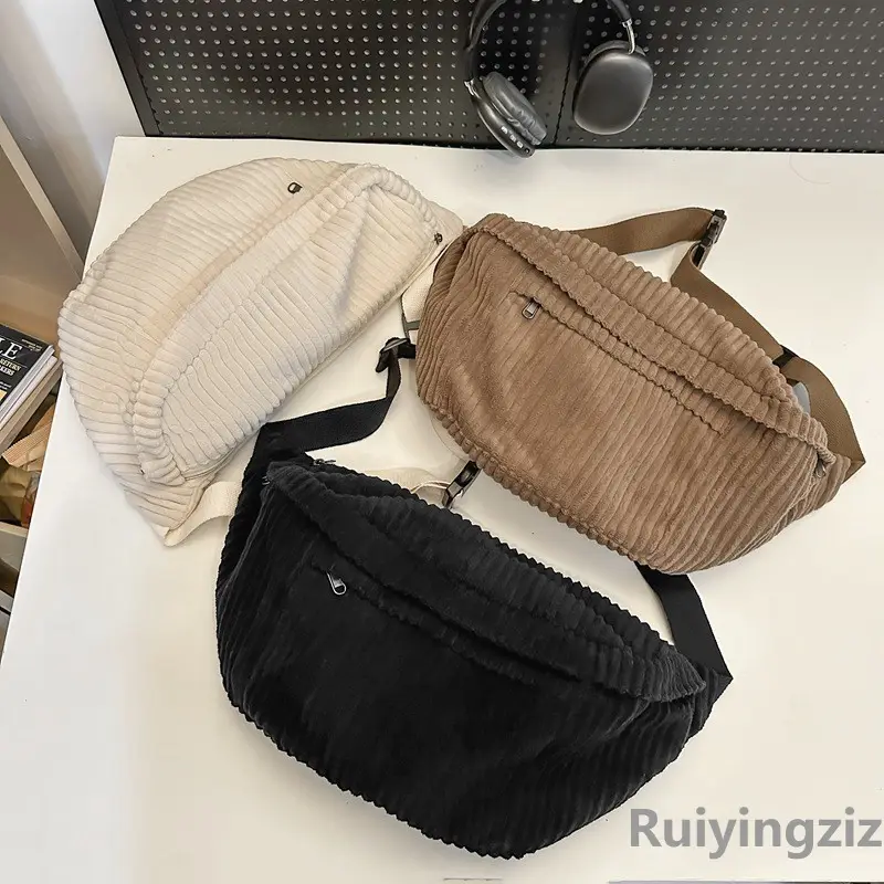 Japanese Corduroy Women's Crossbody Bag Black Brown White - Image 4