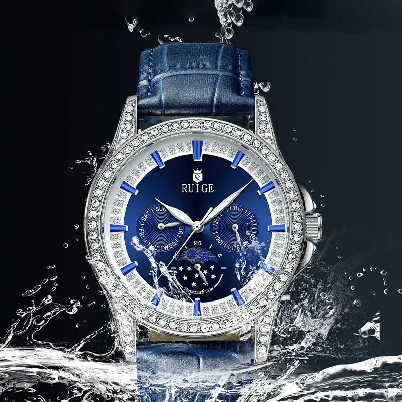 Men's Quartz Watch with Diamond Band & Blue Dial - Image 3