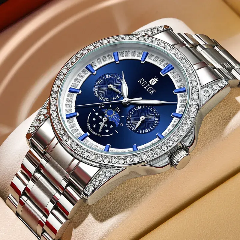 Men's Quartz Watch with Diamond Band & Blue Dial - Image 4