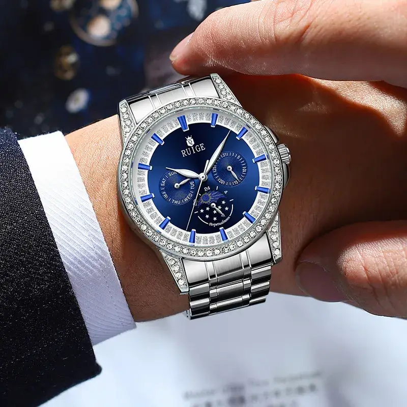 Men's Quartz Watch with Diamond Band & Blue Dial - Image 5