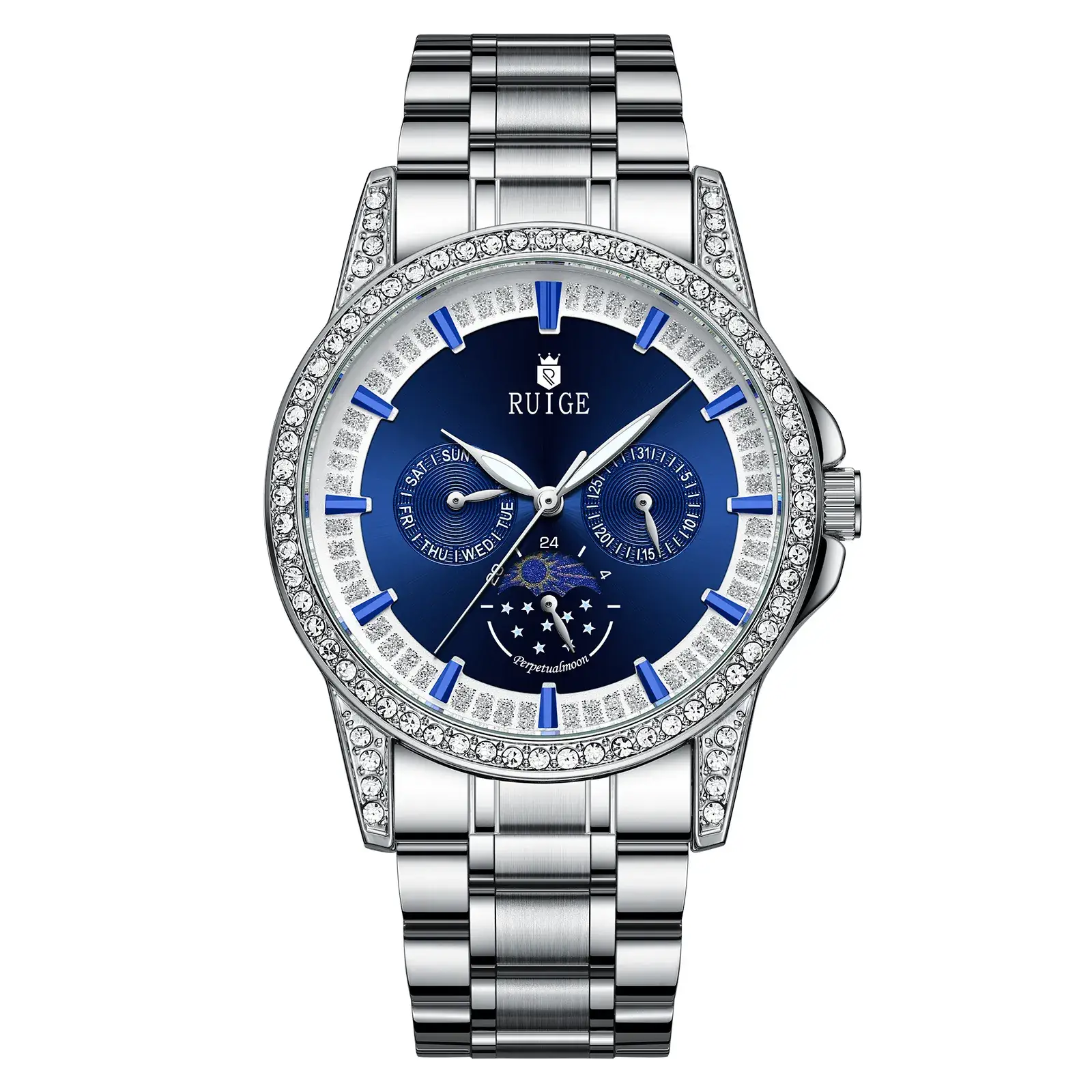 Men's Quartz Watch with Diamond Band & Blue Dial - Image 6