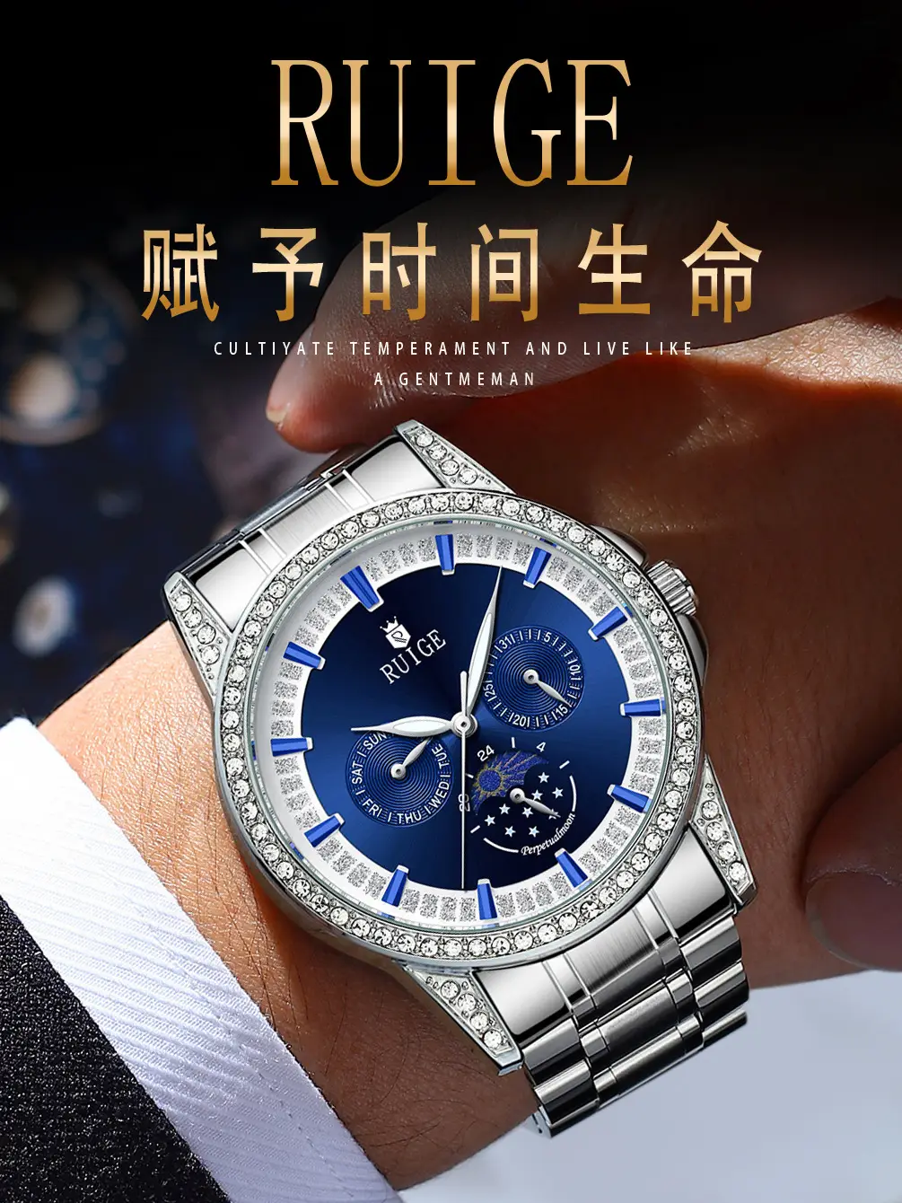 Men's Quartz Watch with Diamond Band & Blue Dial — feature 1