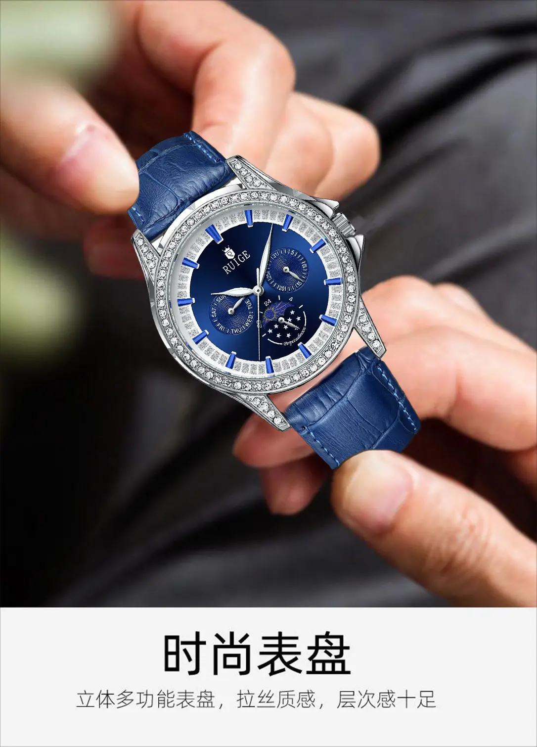 Men's Quartz Watch with Diamond Band & Blue Dial — feature 2