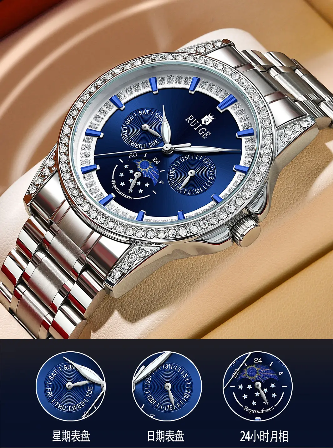 Men's Quartz Watch with Diamond Band & Blue Dial — feature 3