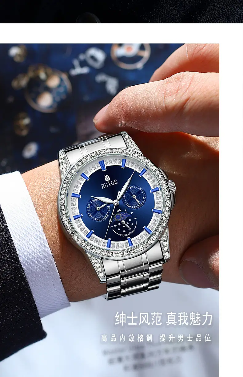 Men's Quartz Watch with Diamond Band & Blue Dial — feature 8