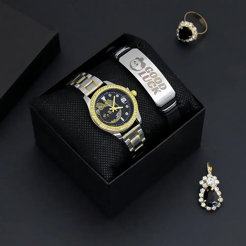 Women's Gold Quartz Watch with Smart Band & Earrings Set - Image 14