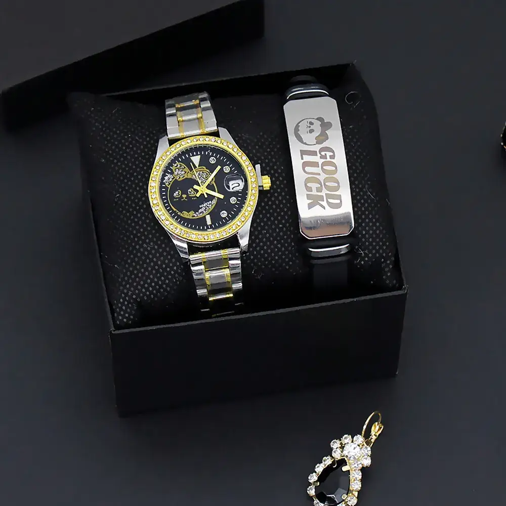 Women's Gold Quartz Watch with Smart Band & Earrings Set - Image 3