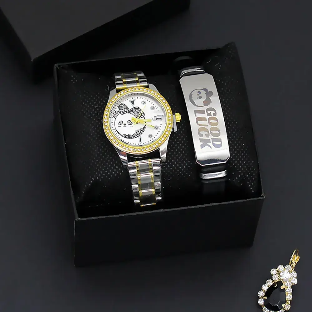 Women's Gold Quartz Watch with Smart Band & Earrings Set - Image 4