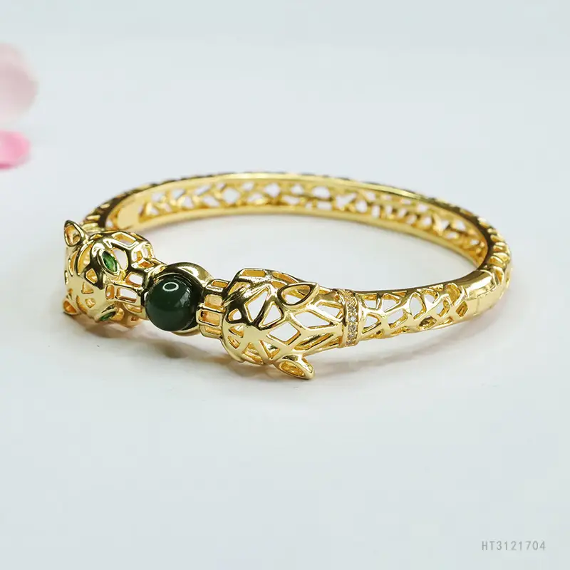 Guan Yu Jade Jasper Bracelet Gold Green Bead - Image 3