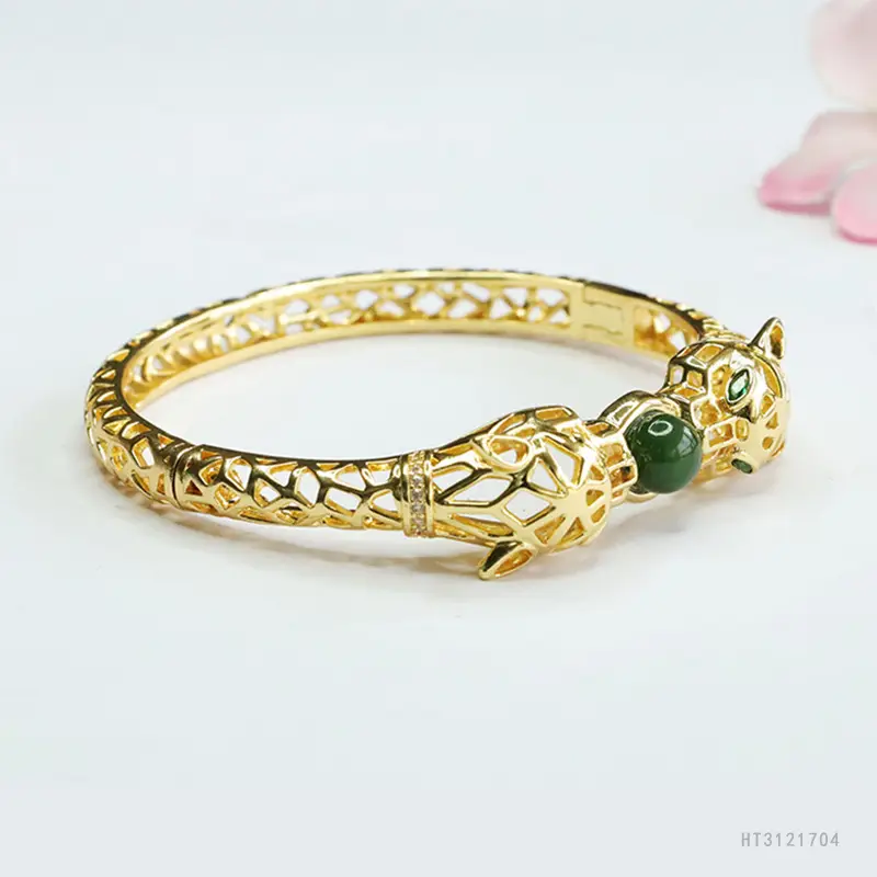 Guan Yu Jade Jasper Bracelet Gold Green Bead - Image 4