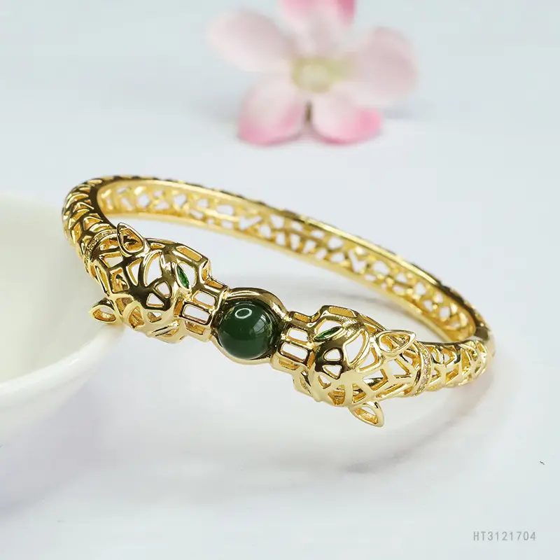 Guan Yu Jade Jasper Bracelet Gold Green Bead - Image 5