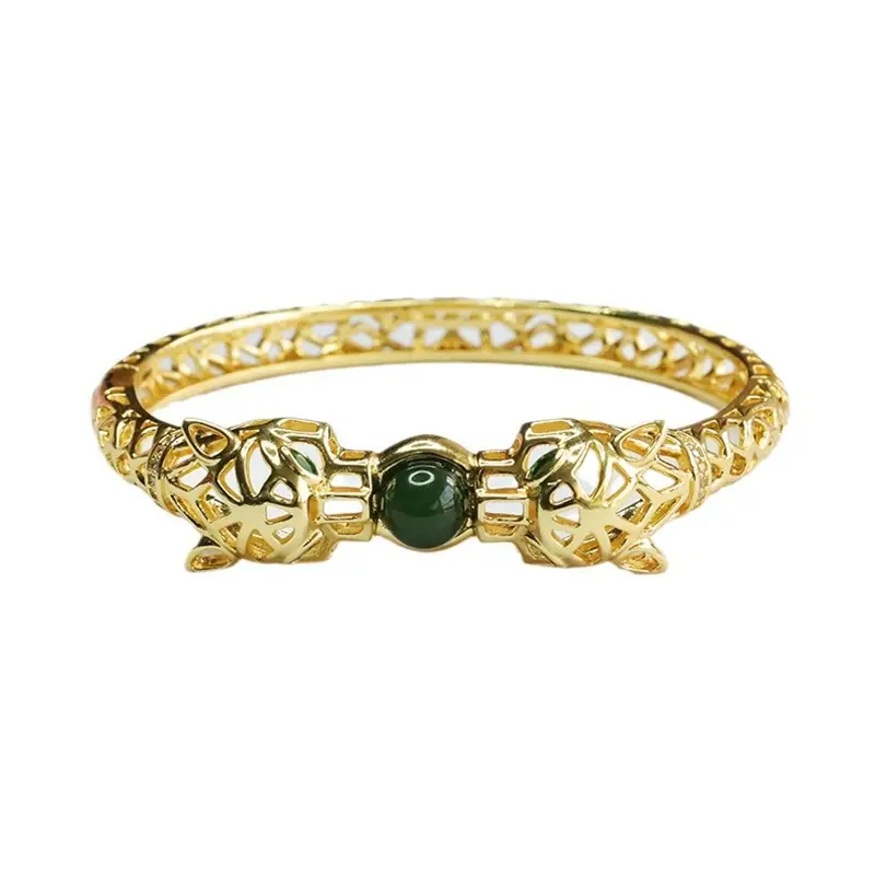 Guan Yu Jade Jasper Bracelet Gold Green Bead - Image 6