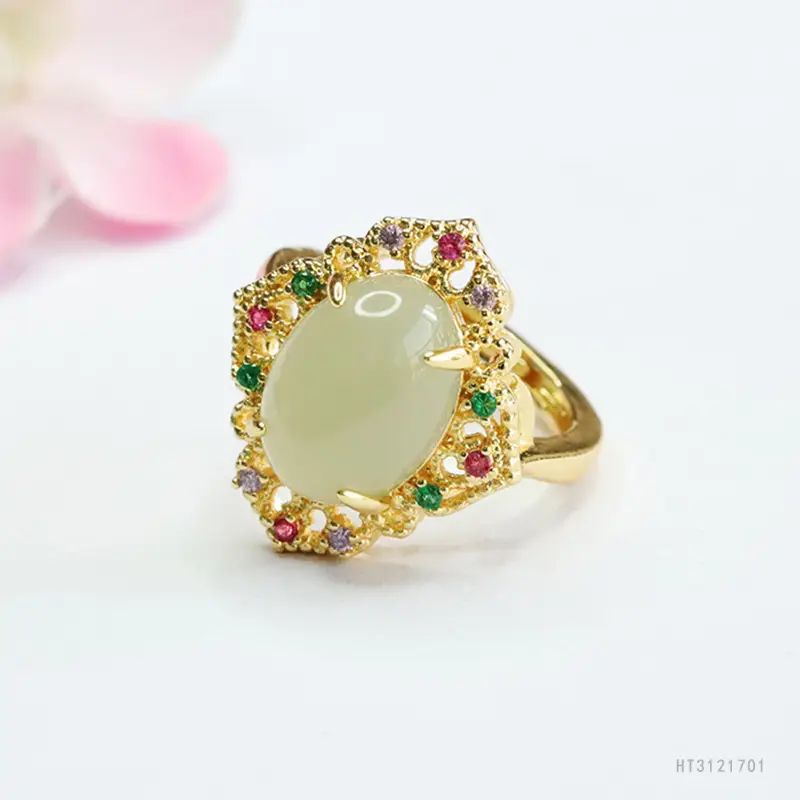 Guan Yu Jade Ring Clear Water Jade Gold Plated - Image 3